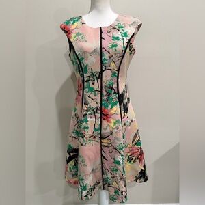 Jax Sheath Dress Women Size 6 Sleeveless A-Line Flare Beige Multicolor Floral